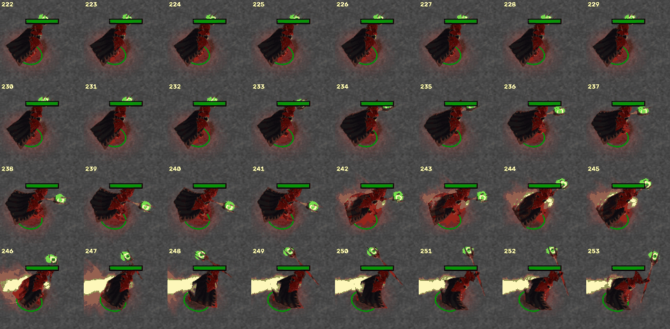 180° cast: the click at frame 223, the fireball at 242, the model still facing away