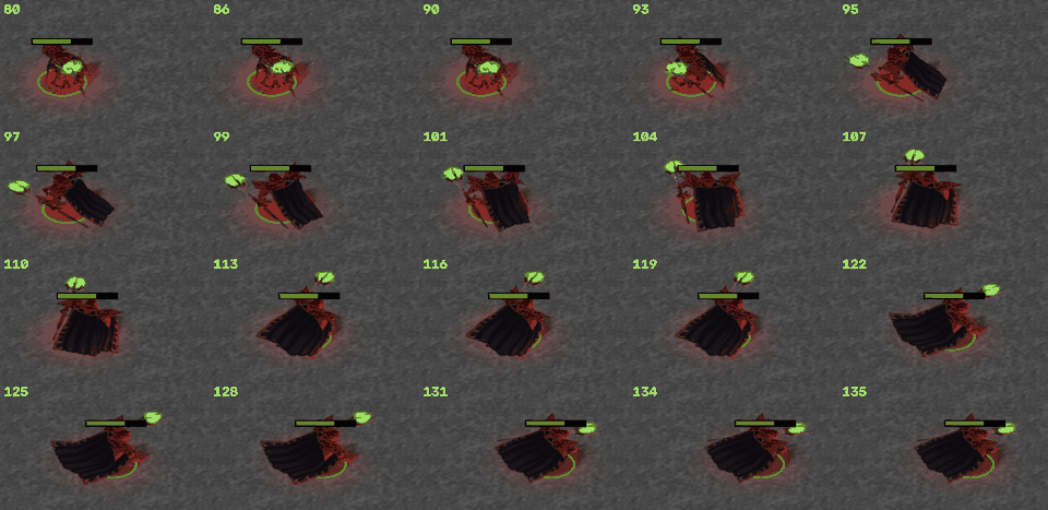 180° order: the model is still facing away while the unit already slides toward the target